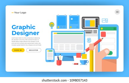 Mock-up design website flat design concept the designer like graphic website application and design tools. Vector illustration.