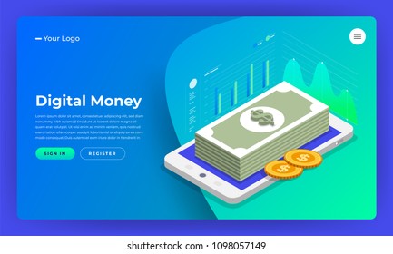 Mock-up Design Website Flat Design Concept Digital Marketing. Digital Money Analyze With Graph Chart. Vector Illustration.