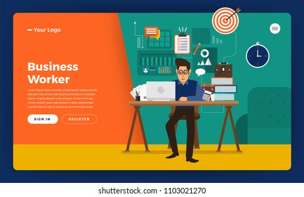 Mock-up design website flat design concept working hours worker in office place.  Vector illustration.