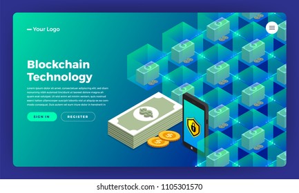 Mock-up design website flat design concept blockchain and cryptocurrency.  Vector illustration.