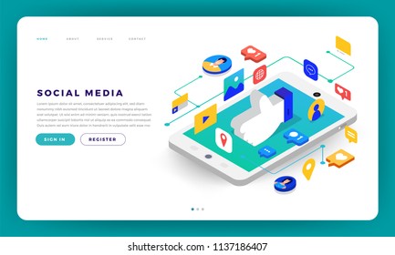 Mock-up Design Website Flat Design Concept Social Media Mobile Application. Isometric Vector Illustration.