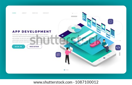 Mock-up design website flat design concept app development with developer coding and working together. Vector illustration.