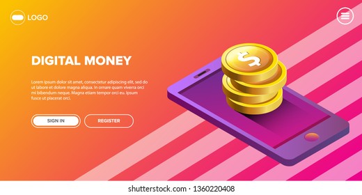 Mock-up design of website or landing page.  concept digital marketing background. vector digital mobile money wallet  