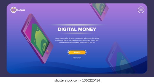 Mock-up design of website or landing page.  concept digital marketing background. vector digital mobile money wallet  