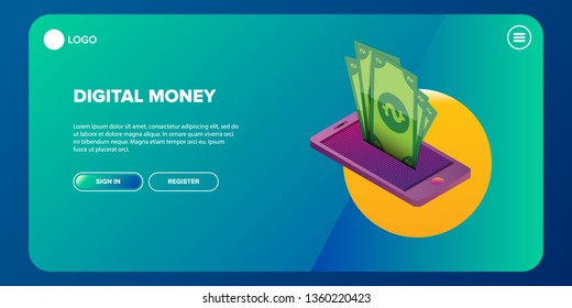 Mock-up design of website or landing page.  concept digital marketing background. vector digital mobile money wallet  