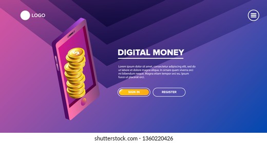 Mock-up design of website or landing page.  concept digital marketing background. vector digital mobile money wallet  