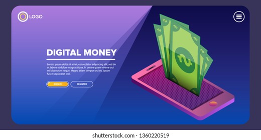 Mock-up design of website or landing page.  concept digital marketing background. vector digital mobile money wallet  