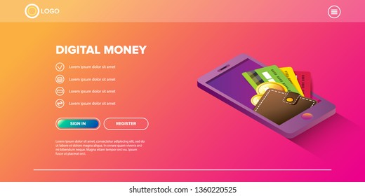 Mock-up design of website or landing page.  concept digital marketing background. vector digital mobile money wallet  