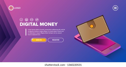 Mock-up design of website or landing page.  concept digital marketing background. vector digital mobile money wallet  