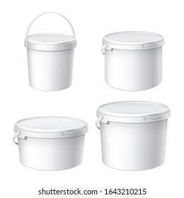 Mockup For Design. White Plastic Buckets. A Small Large And Medium Bucket With A Lid. Container For 1, 2, 5 Liters. Product Packaging Food Or Paints, Adhesives, Sealants. Vector