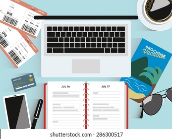 Mockup. Desk with travel elements. Preparing for vacation. Booking vacation. design elements. Vector and illustration design.