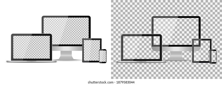 Mockup of devices. Laptop, tablet, computer, phone isolated on transparent background. PC with transparent screen. Set of realistic smart devices for desktop in office. Digital technologies. Vector.