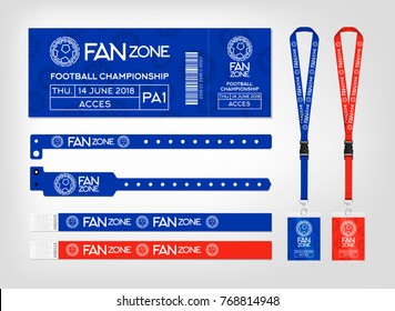 Mockup of different access control designs. Bracelets, ticket and lanyards. Design for fan zone football event. Vector template.