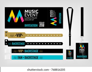 Mockup of different access control designs. Suitable for events, concerts, parties, festivals and private areas. Bracelets, ticket and lanyards. Easy color editing. Vector template.