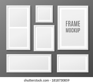 Mockup of different picture frames on wall, realistic vector illustration isolated on grey background. Empty interior picture or photo framework template.