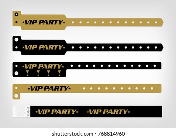 Mockup of different types of bracelet. Suitable for security access, control or identification at events. Vector template for your designs. Example in black and gold color.