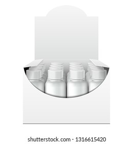 Mockup Display Holder Box Cardboard Filled Blank With Bottles, Cans, Jars. Vitamins, nutritional supplements, Cosmetic. Mock Up, Template. Products On White Background Isolated. Mockup Packing.