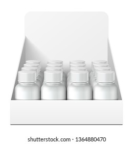 Mockup Display Holder Box Cardboard Filled Blank With Bottles, Cans, Jars. Vitamins, nutritional supplements, Cosmetic. Mock Up, Template. Products On White Background Isolated. Mockup Packing.