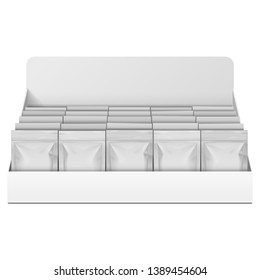Mockup Display Holder Box Cardboard Filled Blank With Package, Gift, Square Pack. Vitamins, Cosmetic, Perfume, Chocolate. Mock Up, Template. Products On White Background Isolated. Mockup Packing.