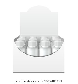 Mockup Display Holder Box Cardboard Filled Blank With Bottles, Cans, Jars. Vitamins, nutritional supplements, Cosmetic. Mock Up, Template. Products On White Background Isolated. Mock Up Packing.