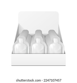 Mockup Display Holder Box, Cardboard Filled Blank With Package, Gift, Square Pack. Vitamins, Cosmetic, Perfume, Chocolate. Mock Up, Template. Products On White Background Isolated.  