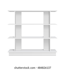 Mockup Display Rack Showcase For Supermarket With Retail Shelves. Front View 3D. Illustration Isolated On White Background. Mock Up Template Ready For Your Design. Product Advertising. Vector EPS10