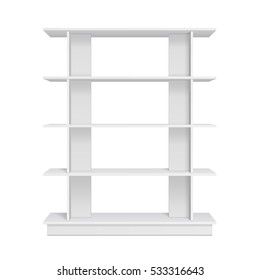Mockup Display Rack Showcase For Supermarket With Retail Shelves. Front View 3D. Illustration Isolated On White Background. Mock Up Template Ready For Your Design. Product Advertising. Vector EPS10