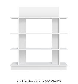 Mockup Display Rack Showcase For Supermarket With Retail Shelves. Front View 3D. Illustration Isolated On White Background. Mock Up Template Ready For Your Design. Product Advertising. Vector EPS10