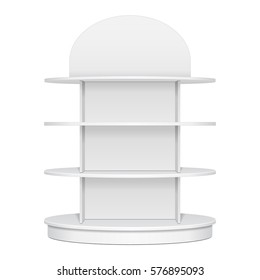 Mockup Display Rack Showcase For Supermarket. Circle, Round, Ellipse Retail Shelves. Front View. Illustration Isolated On White Background Mock Up Template Ready For Your Design. Product Advertising.