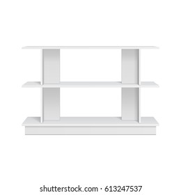 Mockup Display Rack Showcase For Supermarket With Retail Shelves. Front View 3D. Illustration Isolated On White Background. Mock Up Template Ready For Your Design. Product Advertising. 