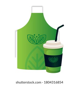 mockup disposable coffee and apron with sign of green company, corporate identity vector illustration design