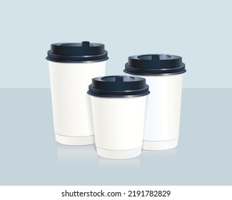 Mockup of disposable coffee cups with lids, realistic vector mockup