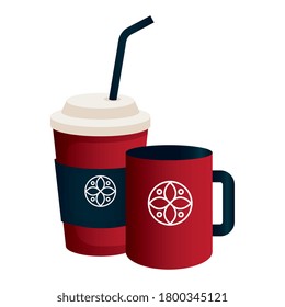mockup disposable coffee and mug red color with white sign, corporate identity vector illustration design