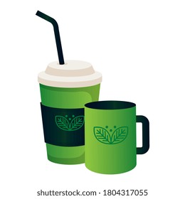 mockup disposable coffee and mug with sign of green company, corporate identity vector illustration design