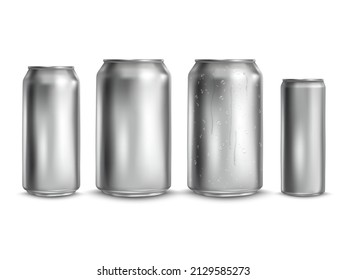 Cajas de bebidas de camioneta. Camión blanco realista para cerveza de lager, estaño de plata de aluminio con gotas de condensación, botella delgada metálica, gotita en envase de aluminio, vector. Ilustración del recipiente metálico