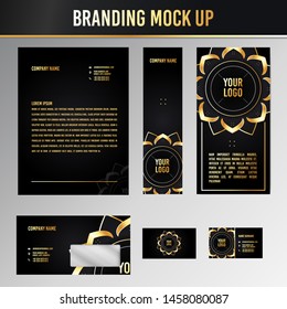 Mockup elements. Luxury Template for branding identity. Vector illustration Modern stationery Black objects with golden elements. Documentation for your brand. Replace Text or Mandala with your own
