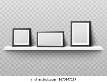 Mockup of empty black photo frames standing on shelf realistic vector illustration isolated on transparent background. Picture or photography frameworks template.