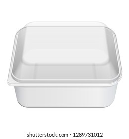 Mockup Empty Blank Styrofoam Plastic Food Tray Container With Lid. Illustration Isolated On White Background. Mock Up Template Ready For Your Design. Vector EPS10