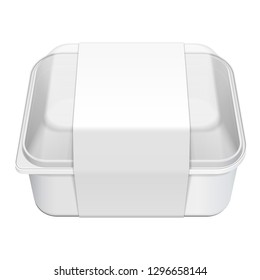 Mockup Empty Blank Styrofoam Plastic Food Tray Container With Lid And Label. Illustration Isolated On White Background. Mock Up Template Ready For Your Design. Vector EPS10