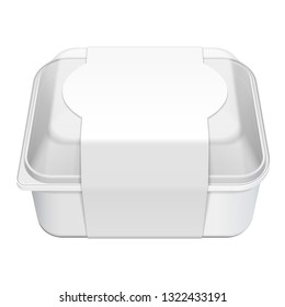 Mockup Empty Blank Styrofoam Plastic Food Tray Container With Lid And Label. Illustration Isolated On White Background. Mock Up Template Ready For Your Design. Vector EPS10