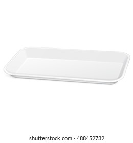 Mockup Empty Blank Styrofoam Plastic Food Tray Container, Plate, Dish. 3D. Illustration Isolated On White Background. Mock Up Template Ready For Your Design. Vector EPS10