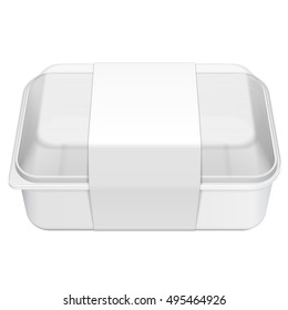 Mockup Empty Blank Styrofoam Plastic Food Tray Container Box With Lid, Cover, Lable. Illustration Isolated On White Background. Mock Up Template Ready For Your Design. Vector EPS10