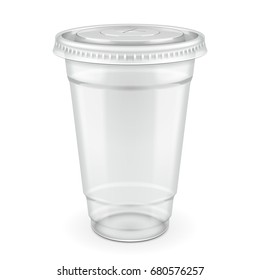Mockup Empty Disposable Plastic Cup With Lid. Transparent Container For Cold, Hot Drink. Juice Fresh, Coffee, Tea, Milkshake. Illustration Isolated On White Background Mock Up Template Your Design. svg
