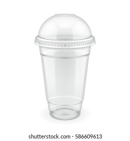 Mockup Empty Disposable Plastic Milkshake Cup With Lid. Transparent. Container For Cold, Drink. Juice Fresh, Coffee, Tea. Illustration Isolated On White Background Mock Up Template For Your Design. svg