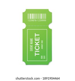Mockup of empty green paper admit ticket for entertainment event, 3d realistic vector illustration isolated on white background. Entrance pass coupon template.