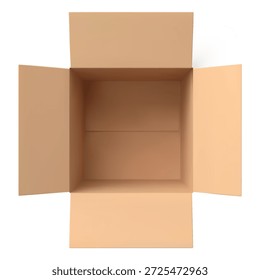 Maqueta de una caja de cartón vacía, abierta, marrón, vista superior, forma cuadrada. Conceptos de embalaje, entrega, almacenamiento y comercio electrónico. Vector ilustración realista. Fondo aislado.