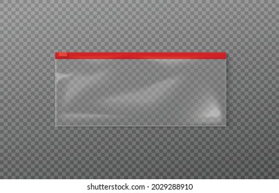 Mockup of empty transparent oblong plastic zipper bag with red puller, realistic vector illustration isolated on transparent background. Polythene translucent package.