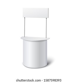 Mockup of empty white advertising promotion counter in realistic style, vector illustration isolated on white background. Template of blank retail trade stand or exhibition kiosk