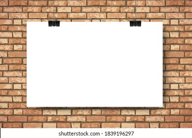 Mockup with empty white horizontal poster on brown brick wall background. Trendy portfolio blanc space frame background. Vector Illustration for web portfolio, poster mock up, advertising.