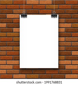 Camiseta con afiche blanco vacío sobre fondo de pared de ladrillo. Plantilla de diseño para publicidad, afiche o portafolio en línea. Ilustración vectorial
